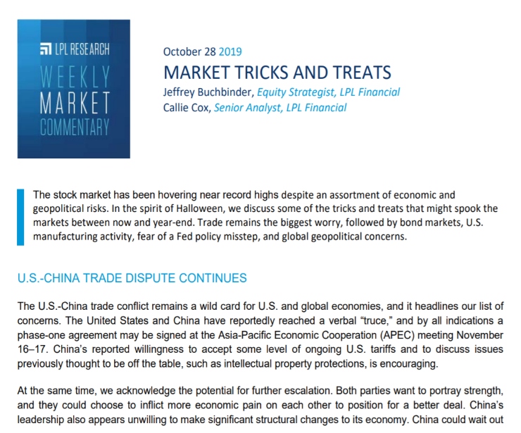 Market Tricks and Treats | Weekly Market Commentary | October 28, 2019
