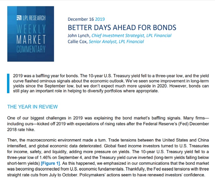 Better Days Ahead for Bonds | Weekly Market Commentary | December 16, 2019